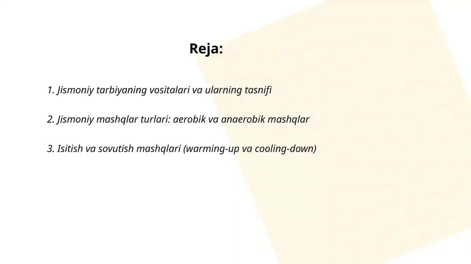 Jismoniy tarbiyaning vositalari, jismoniy mashqlar. Tabiatning sogʻlomlashtiruvchi kuchlari va gigeynik omillar 2