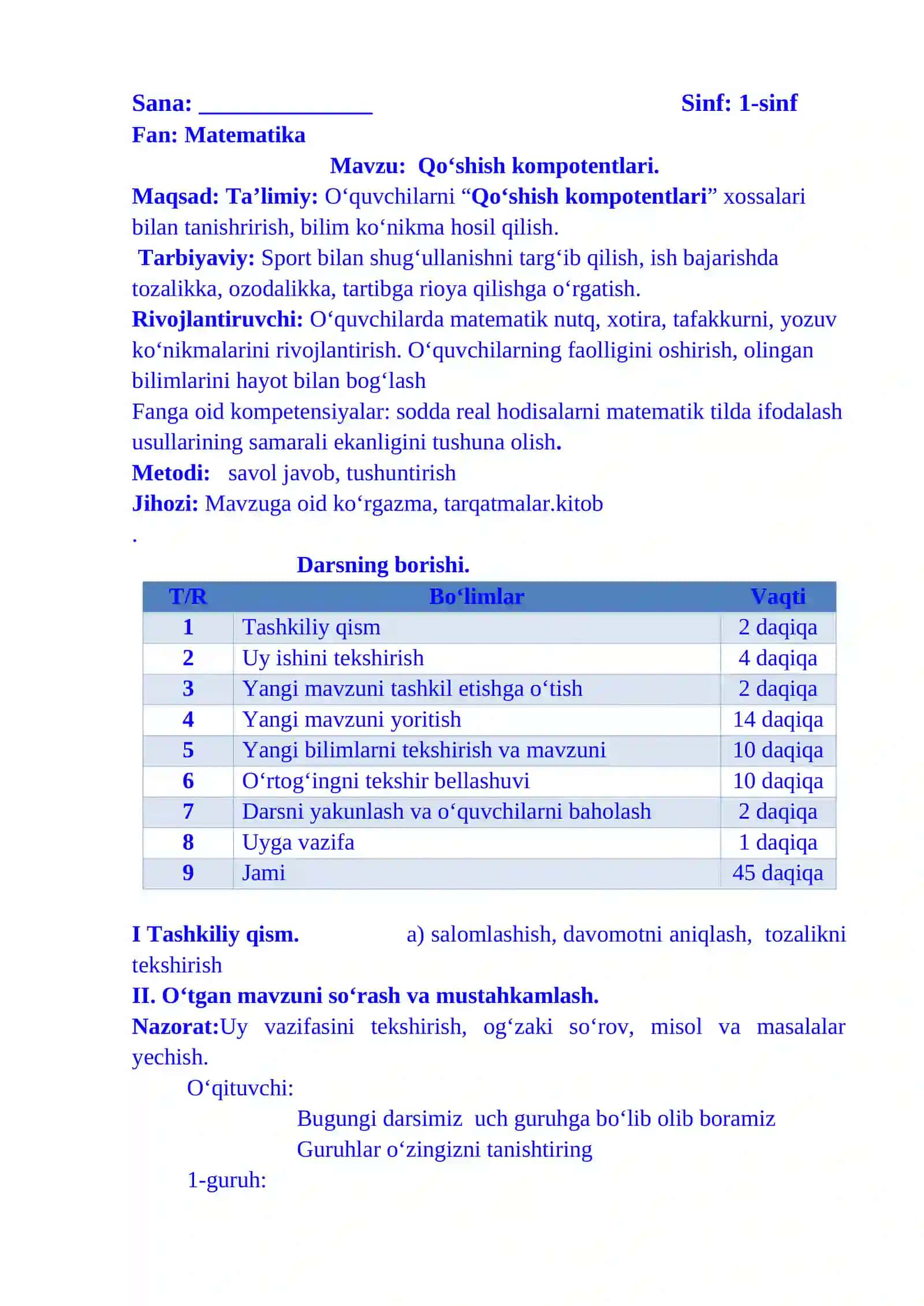 1-sinf matematika Qo’shish kompotentlari 1-chorak dars ishlanma 2