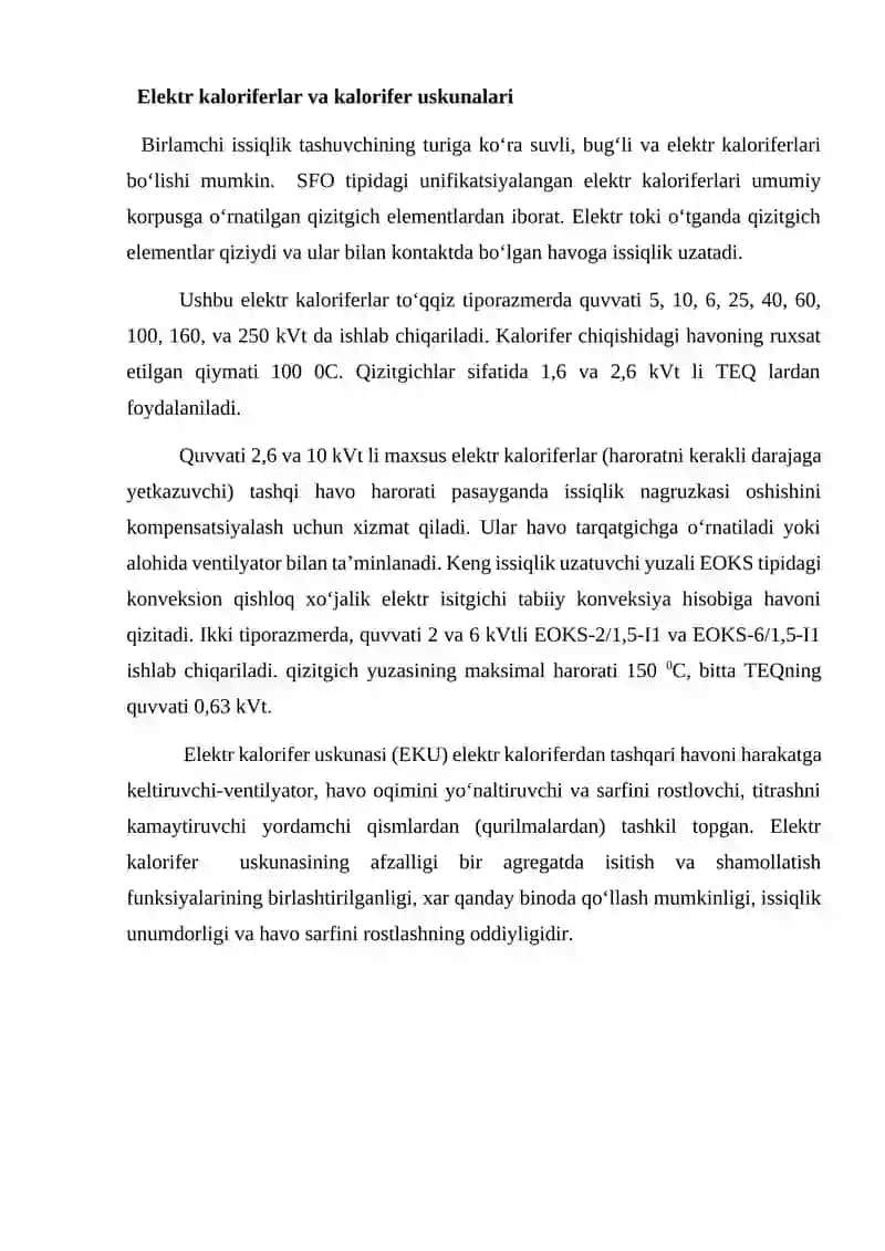 Mikroiqlimni hosil qilish va rostlash uchun mo‘ljallangan elektrotermik uskunalar 2
