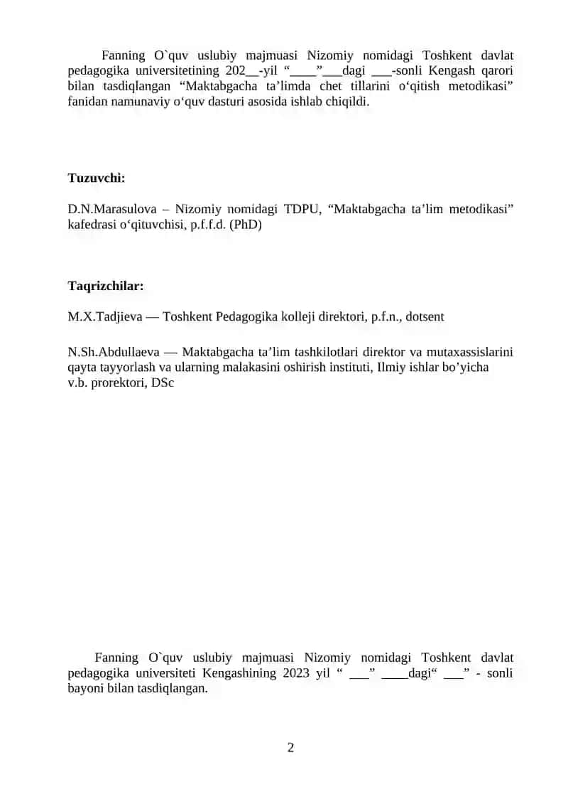 Maktabgacha ta’limda chet tillarini o‘qitish metodikasi 2