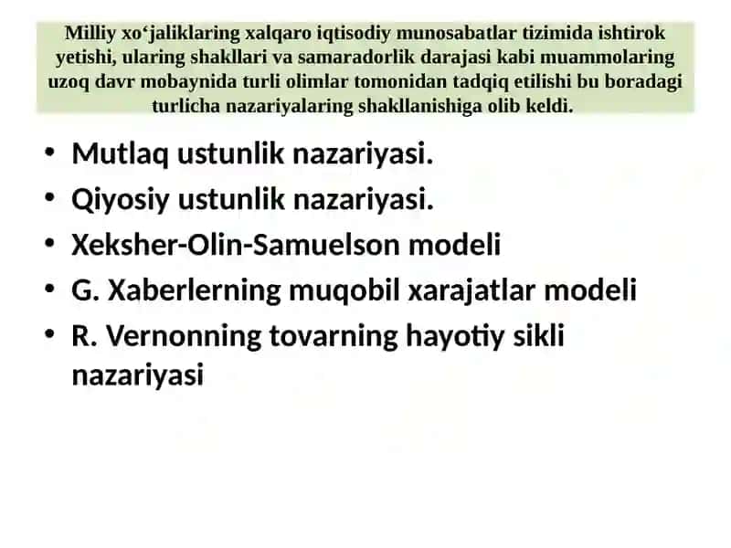 Milliy xo‘jaliklarning xalqaro iqtisodiy munosabatlar tizimi 2
