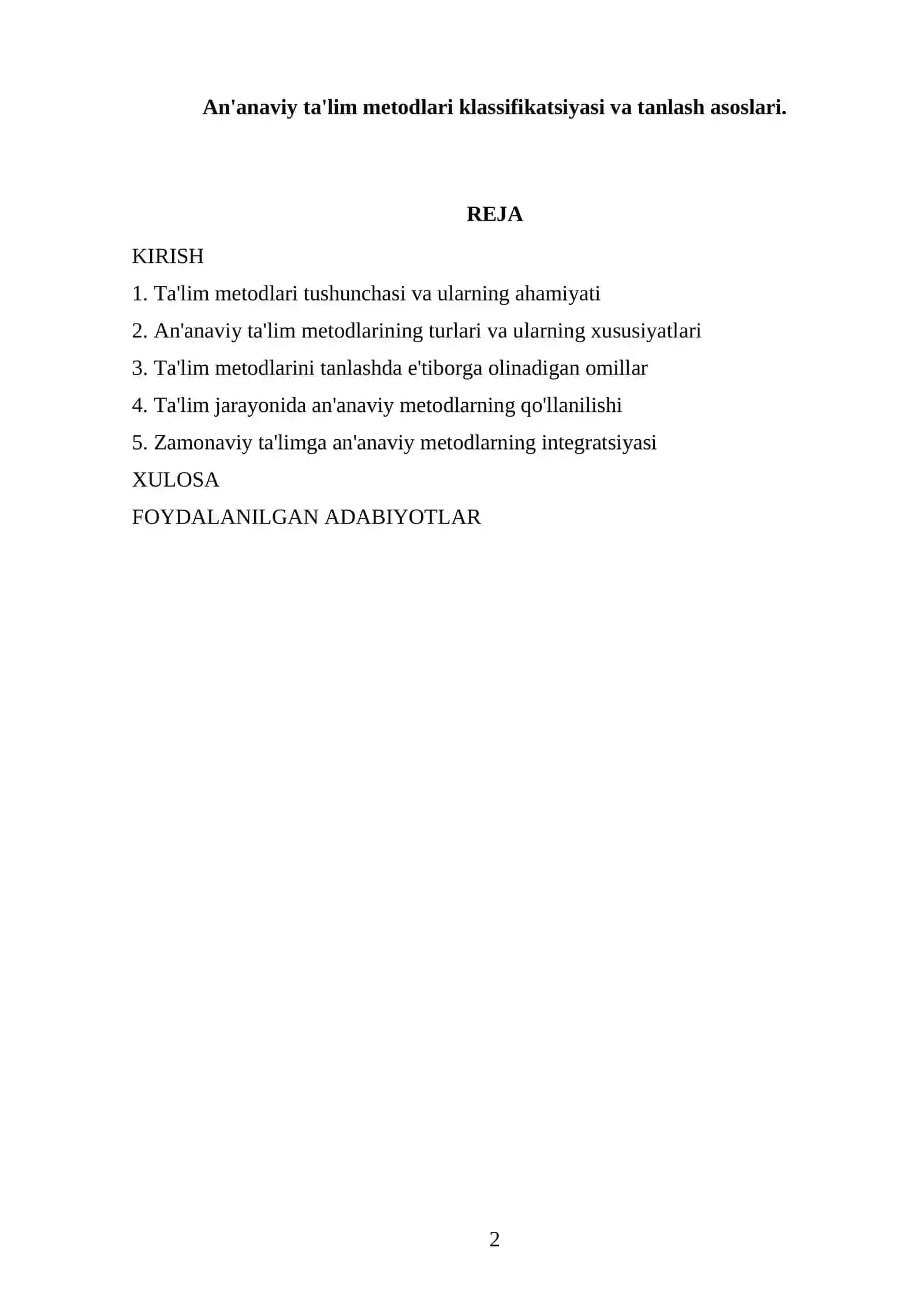 An'anaviy ta'lim metodlari klassifikatsiyasi va tanlash asoslari 2