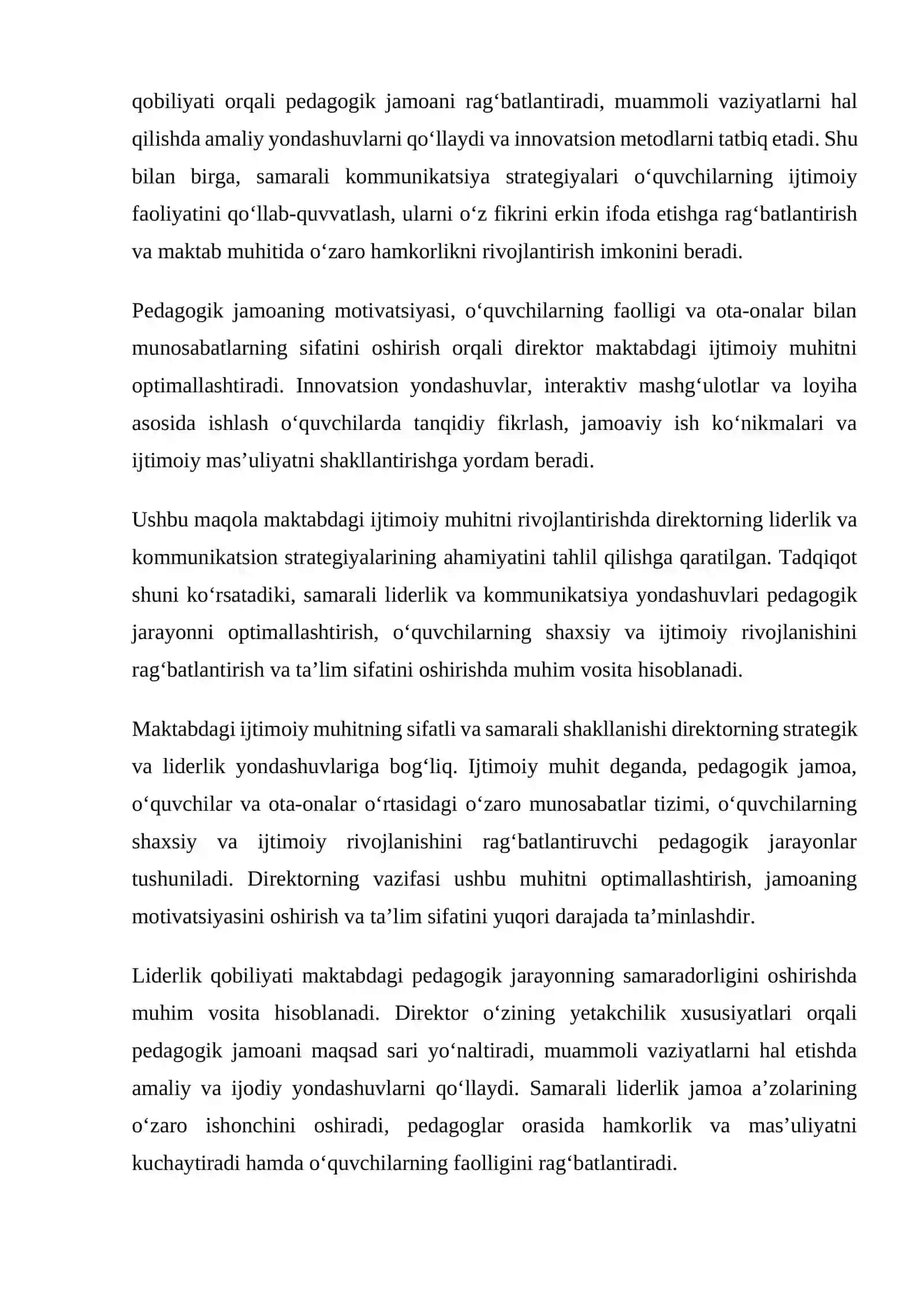 Maktabda ijtimoiy muhitni rivojlantirishda direktorning liderlik va kommunikatsion strategiyalari 2