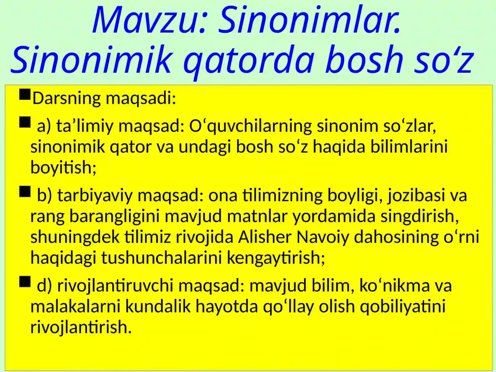 5-sinf Ona tili dars ishlanma. Sinonimlar. Sinonimik qatorda bosh so'z 2