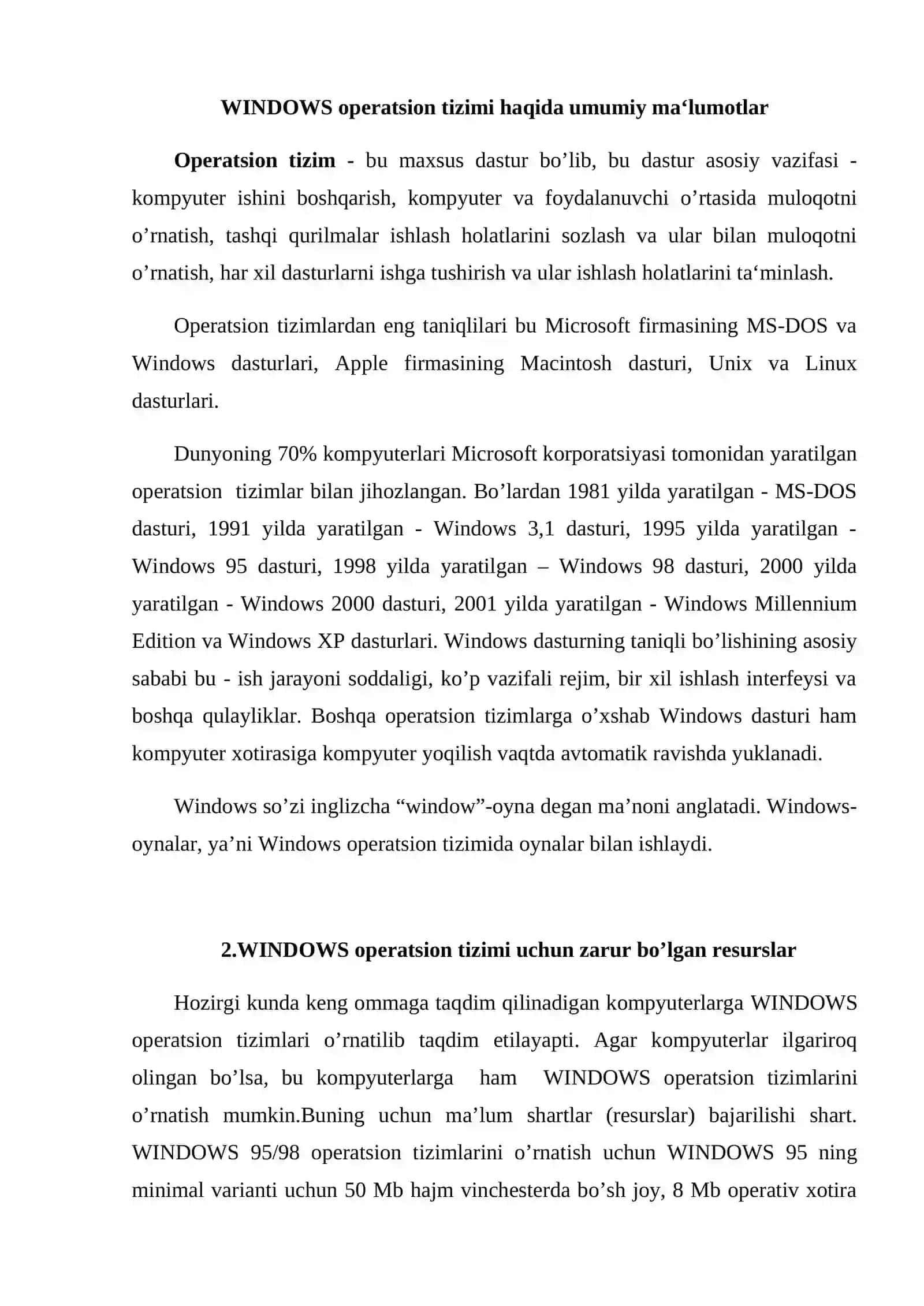 WINDOWS operatsion tizimi haqida umumiy ma‘lumotlar 2