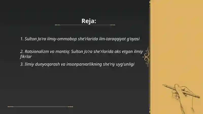 Sulton Jo'ra. Shoirning ilmiy-ommabop mavzulardagi she'rlarida ifodalangan g'oyalar haqida 2