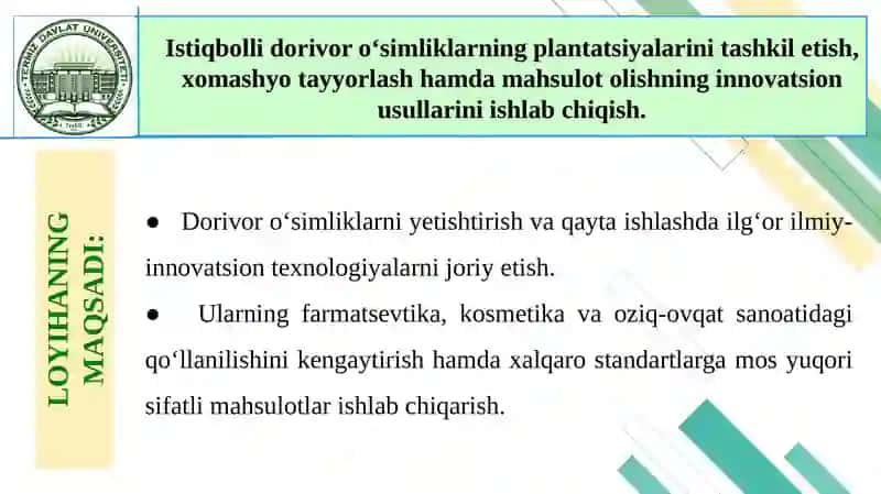 TERMIZ DAVLAT UNIVERSITETI TABIIY FANLAR FAKULTETI BIOLOGIYA TURLARI BO‘YICHA TA’LIM YO‘NALISHI 3-BOSQICH TALABASI RAJAPOVA NILUFARNING ‘‘MIRZO ULUG’BEK VORISLARI’’TANLOVI UCHUN TAYYORLAGAN LOYIHA TAQDIMOTI 2
