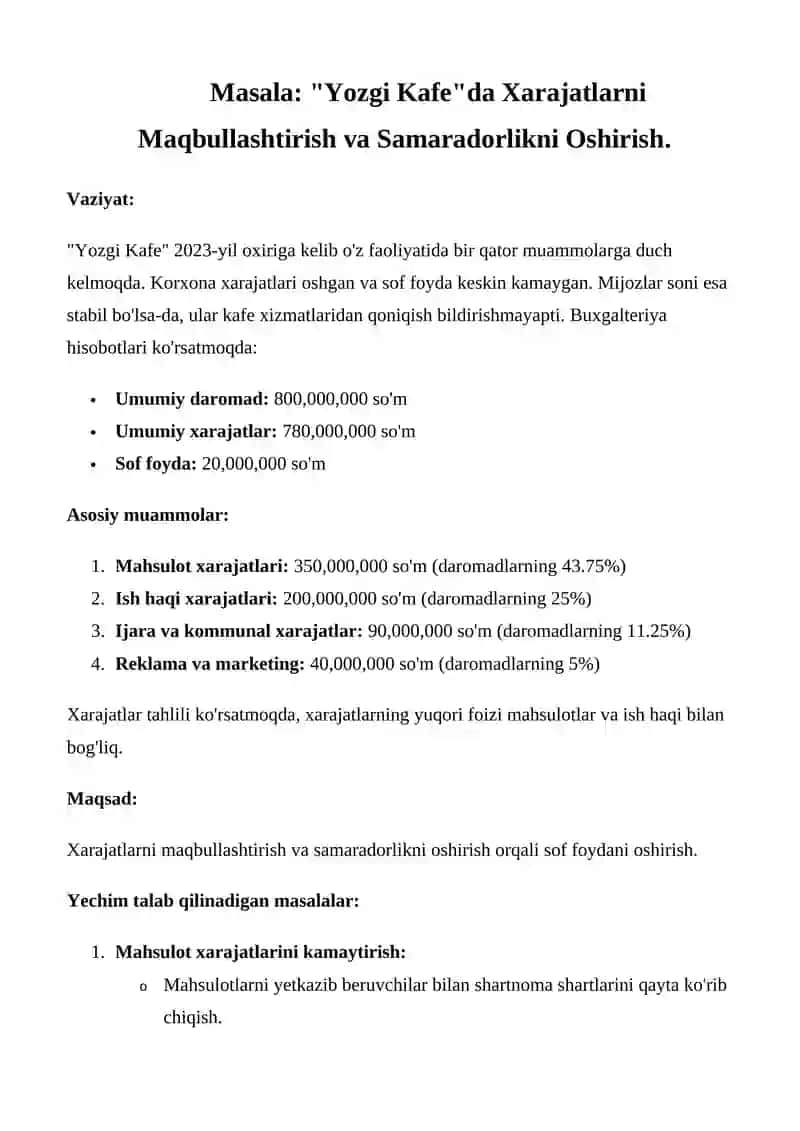 Yozgi kafe "Xarajatlarni Maqbullashtirish va Samaradorlikni Oshirish" masalasi 2