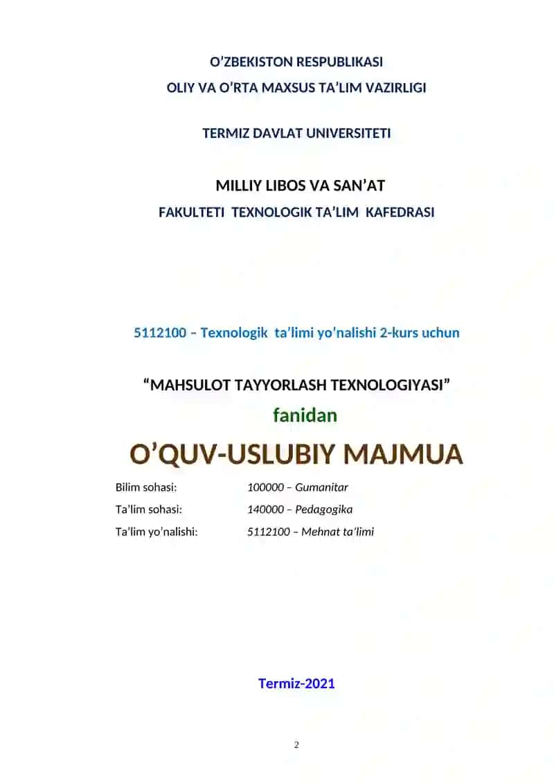 MAHSULOT TAYYORLASH TEXNOLOGIYASI 2