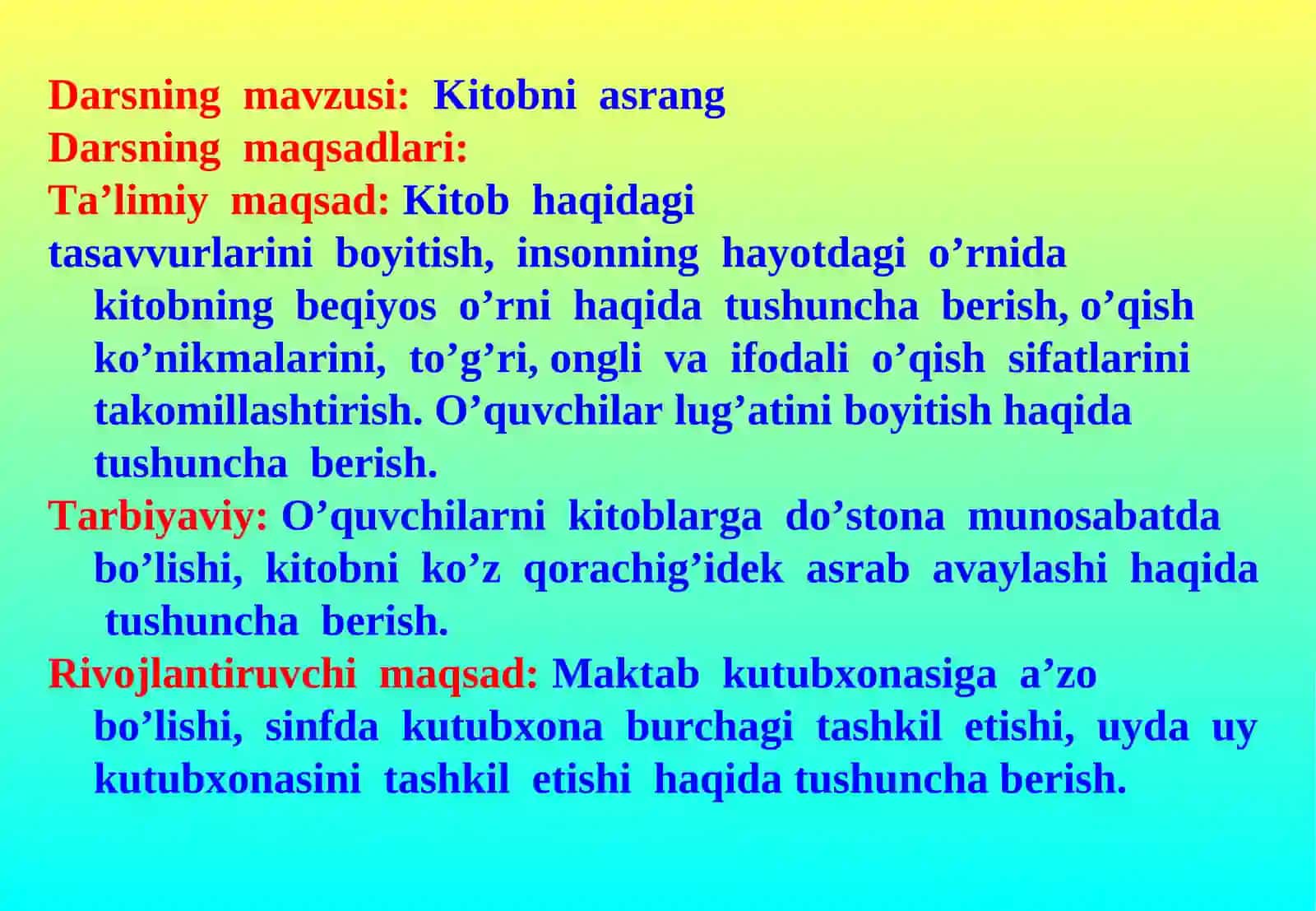 Boshlang’ich ta’lim fani 1 – sinf o’qish fanidan 1 soatlik 2
