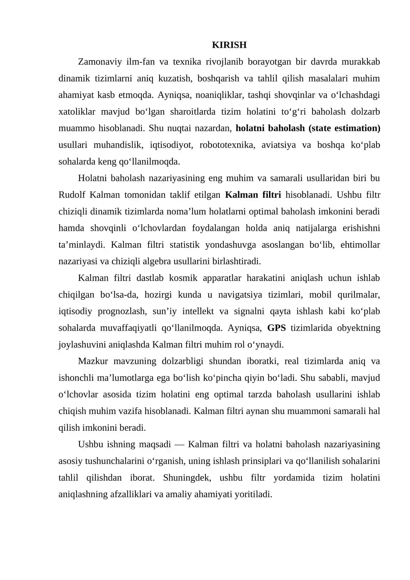 Kalman filtri va holatni baholash 2