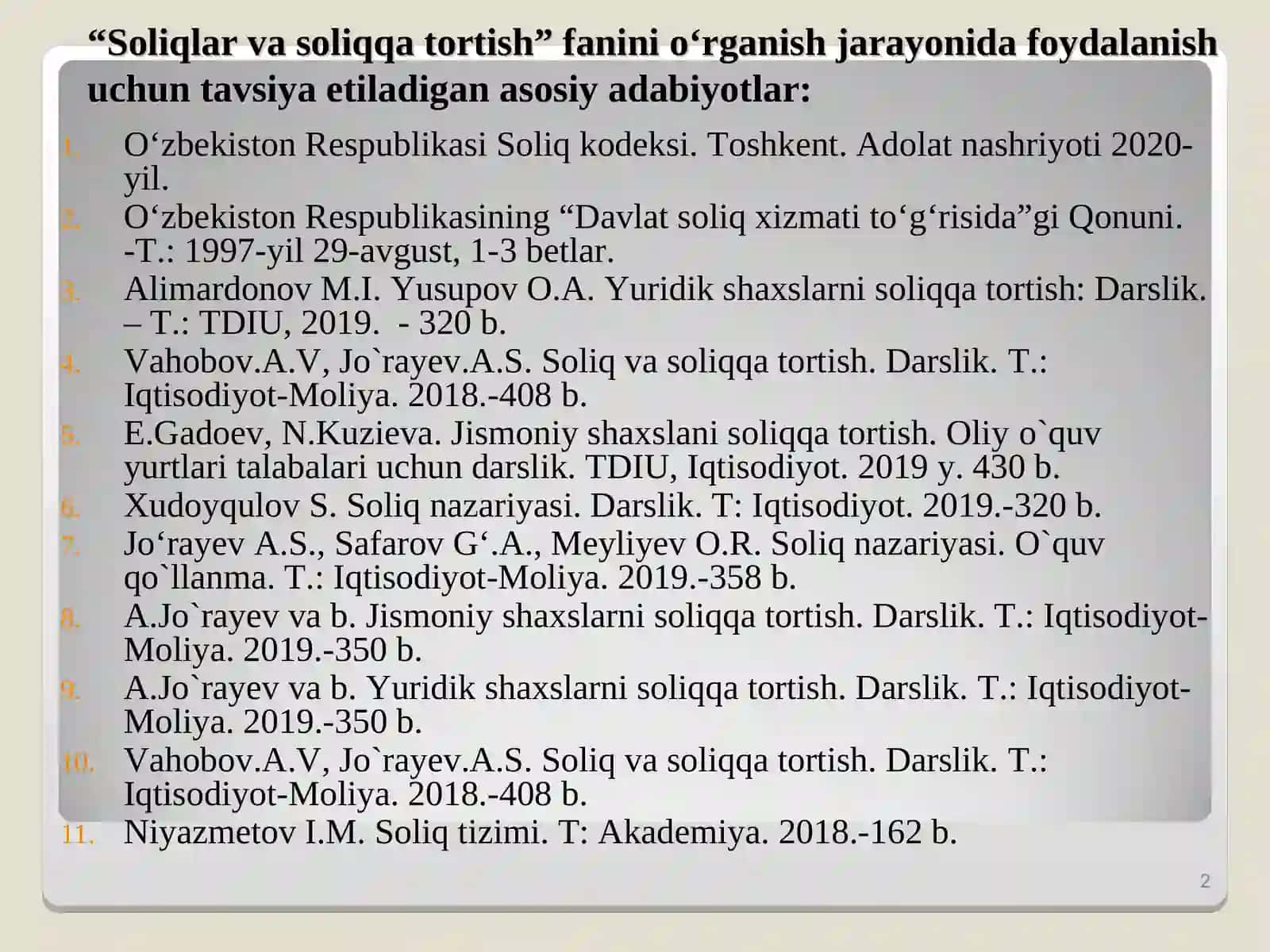 “Soliqlar va soliqqa tortish”fanidan maʼruza mashgʻuloti 2