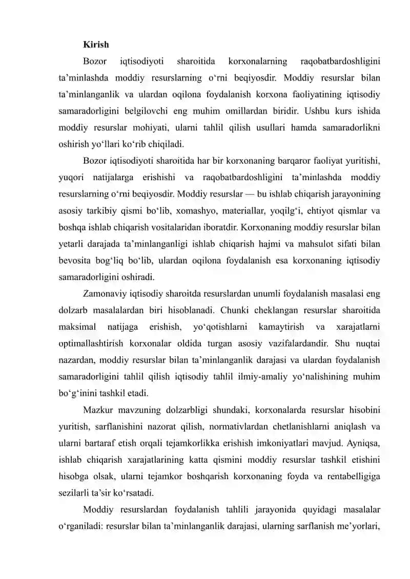 Moddiy Resurslar Bilan Ta'minlanganlik va Ulardan Foydalanish Tahlili 2