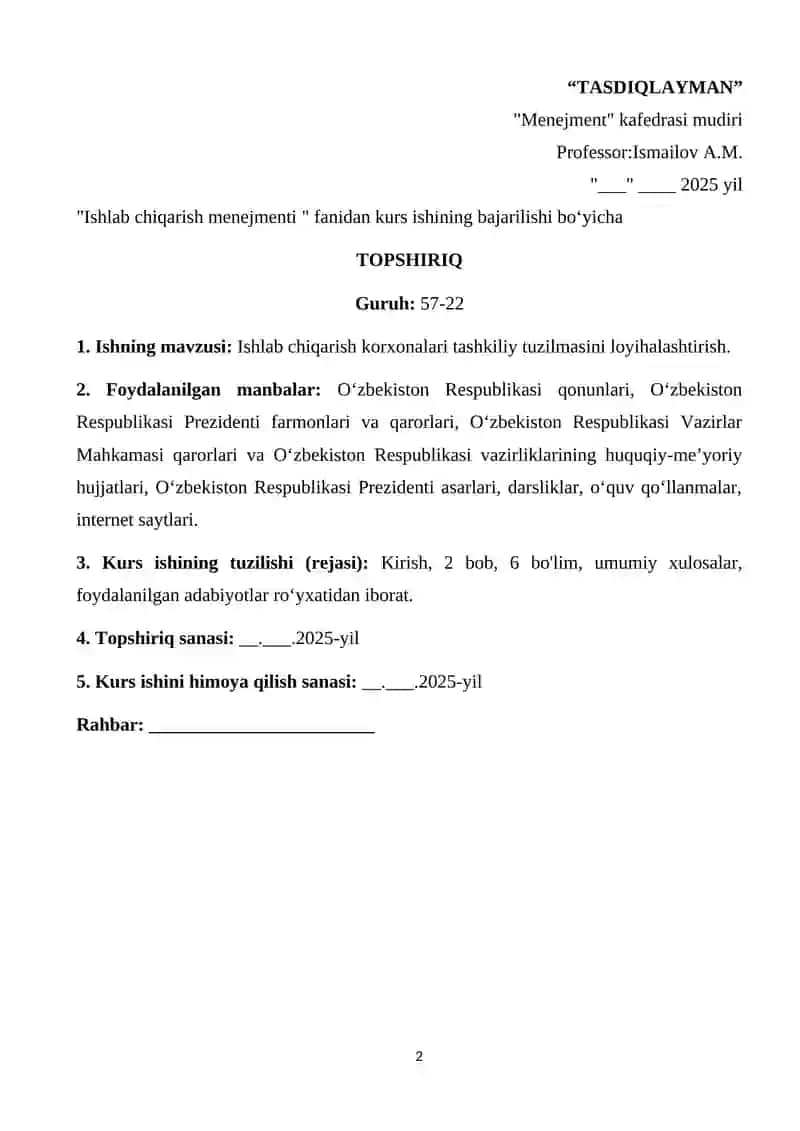Kurs ishi "Ishlab chiqarish menejmenti" 2