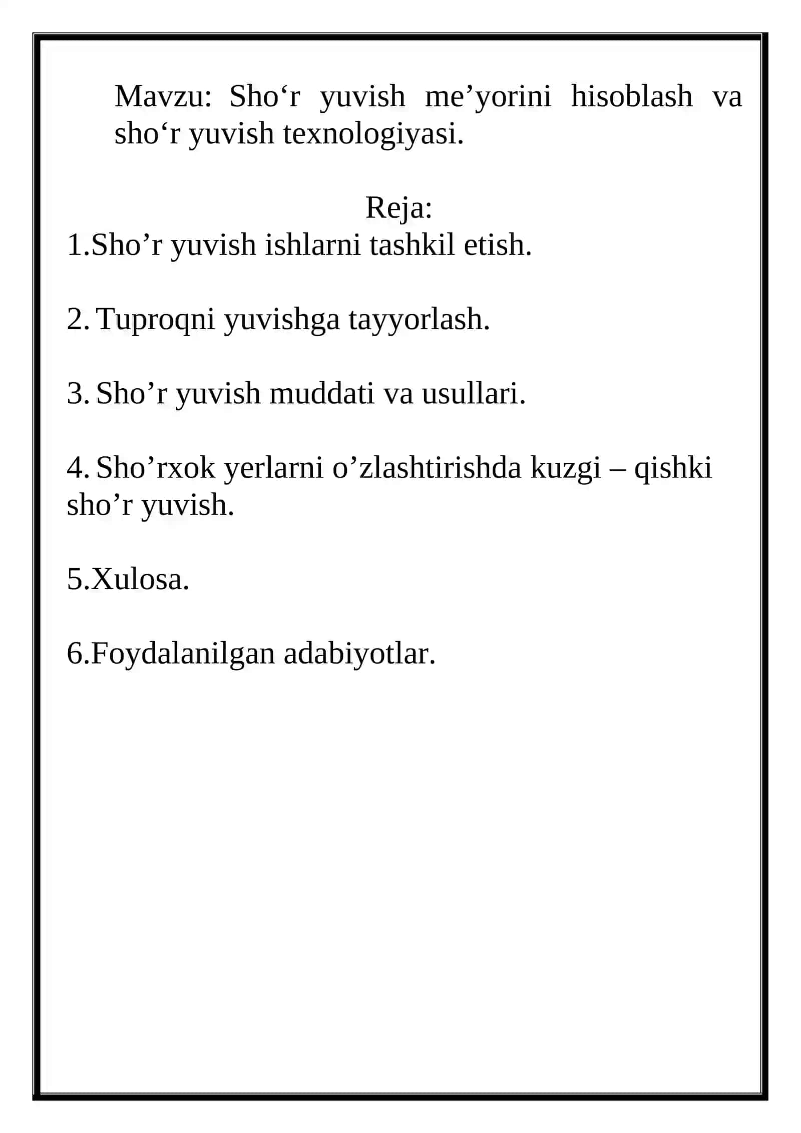Shoʻr yuvish meʼyorini hisoblash va shoʻr yuvish texnologiyasi 2