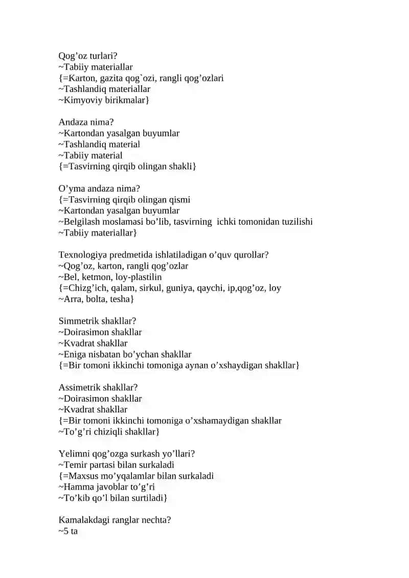Texnologiya ta’limi va uni o`qitish metodikasi fanidan test 2
