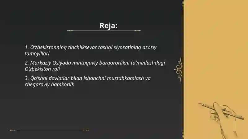 Oʻzbekistonning tinchlik sevar siyosati 2