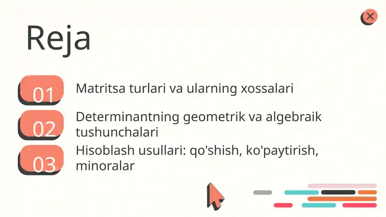Matritsa va Determinant.Ularning xossalari va ularni hisoblash. 2