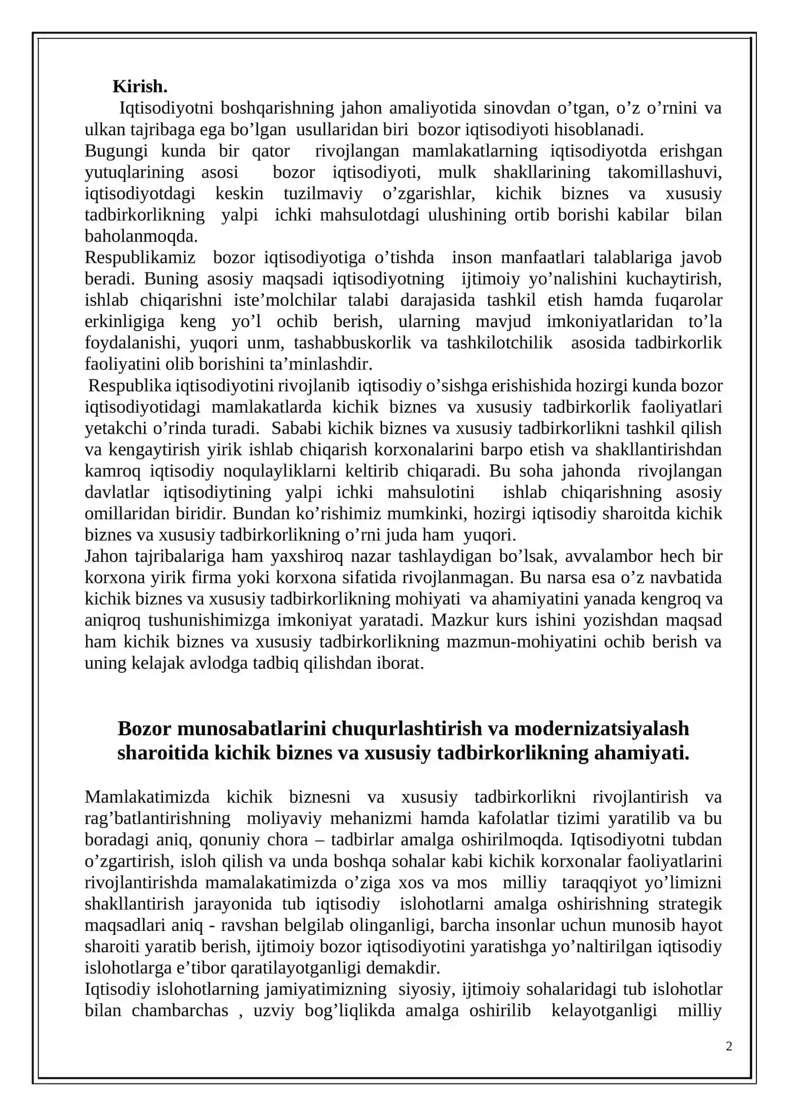 Kichik biznes va tadbirkorlikni mohiyati va iqtisodiyotda tutgan o’rni 2