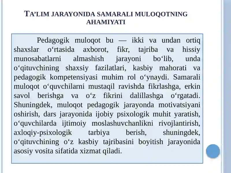 Pedagogik faoliyatni tashkil etishda muloqotga kirishni shakillantirish 2