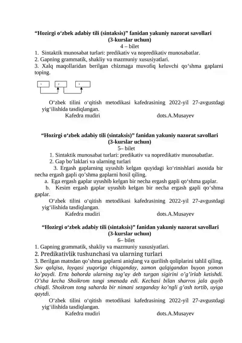 Hozirgi o‘zbek adabiy tili (sintaksis) fanidan yakuniy nazorat savollari (3-kurslar uchun) 2
