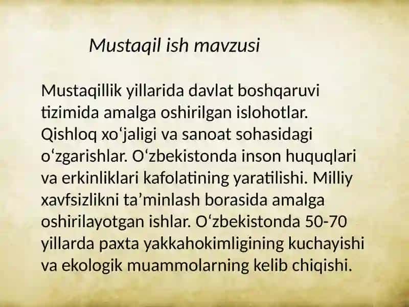 O'zbekistonning eng yangi tarixi 9-mustaqil ish 2