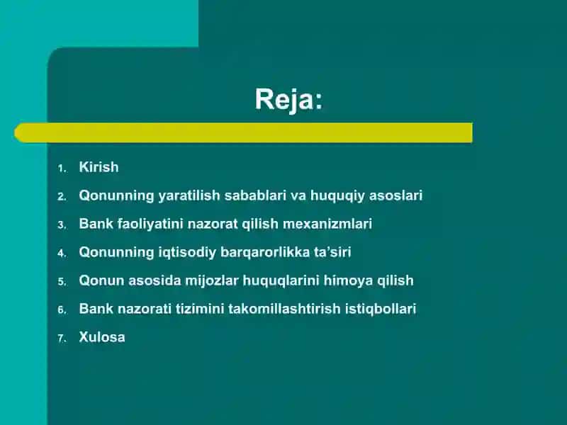 Banklar va bank faoliyati to'g'risidagi qonunning bank faoliyatini nazorat qilish bo'yicha ahmiyati 2