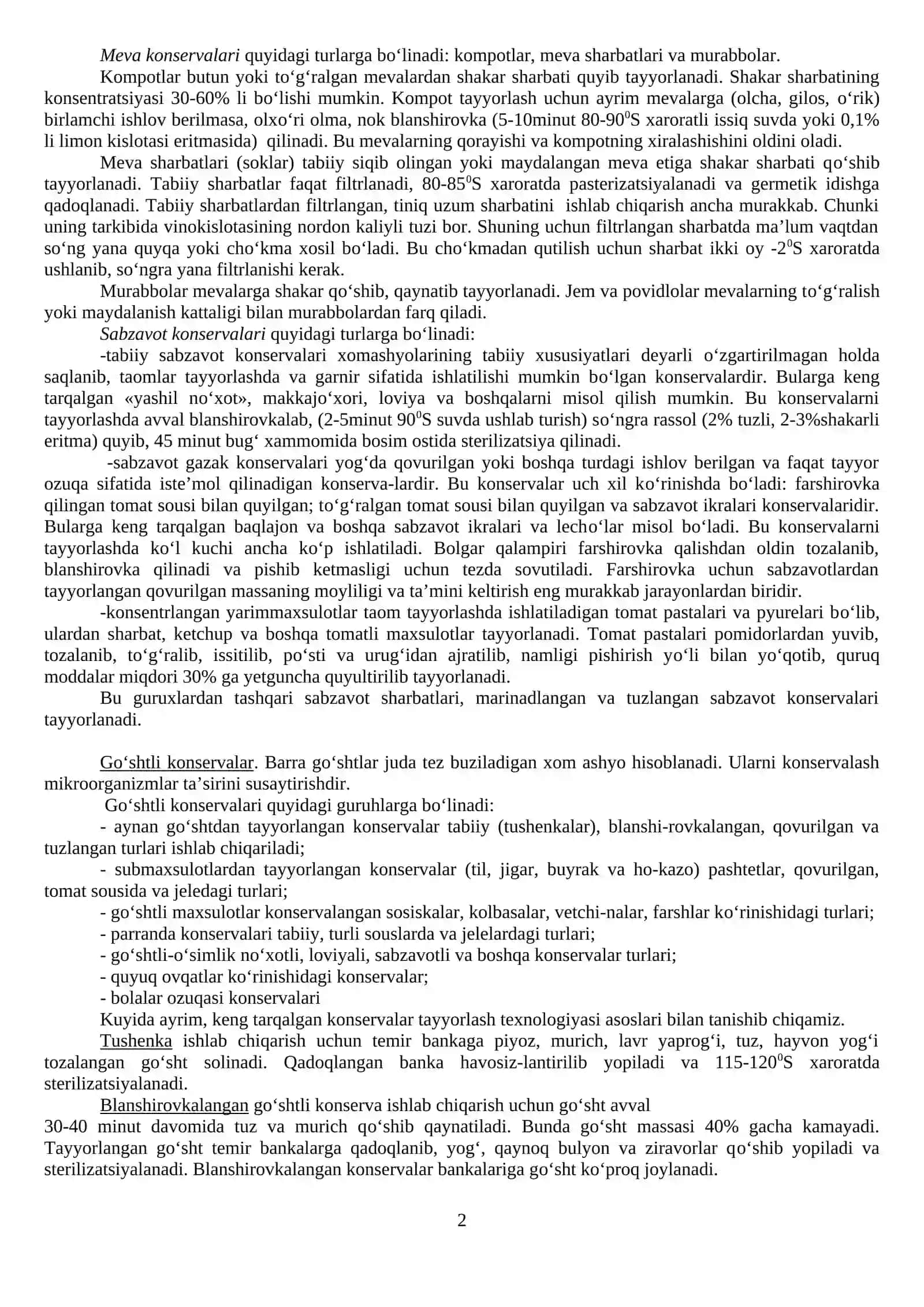 MA’RUZA. KONSERVALASH USULLARI ASOSLARI VA KONSERVALASH MAHSULOTLARI 2