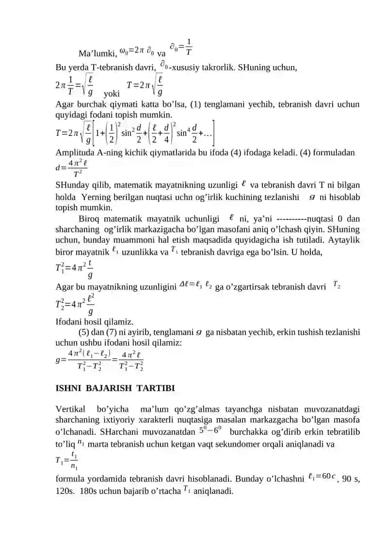 Matematik mayatnik yordamida erkin tushish tezlanishini aniqlash 2