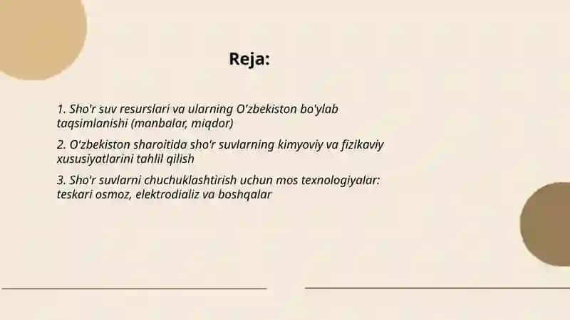 Sho'r suv resurslari va ularning O'zbekiston bo'ylab taqsimlanishi 2