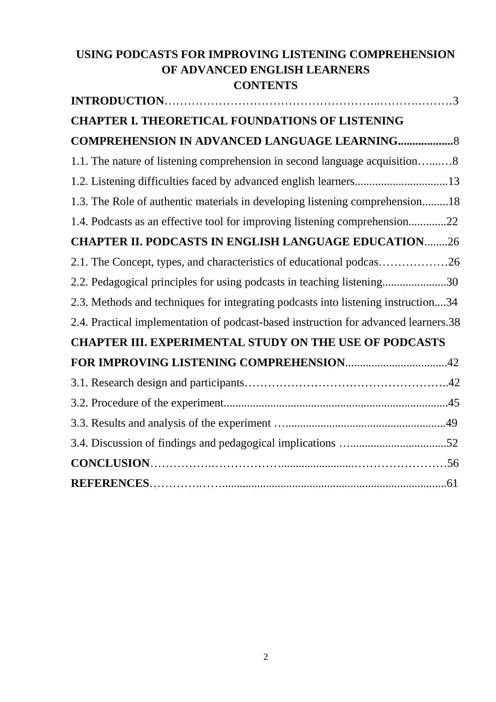 USING PODCASTS FOR IMPROVING LISTENING COMPREHENSION OF ADVANCED ENGLISH LEARNERS 2