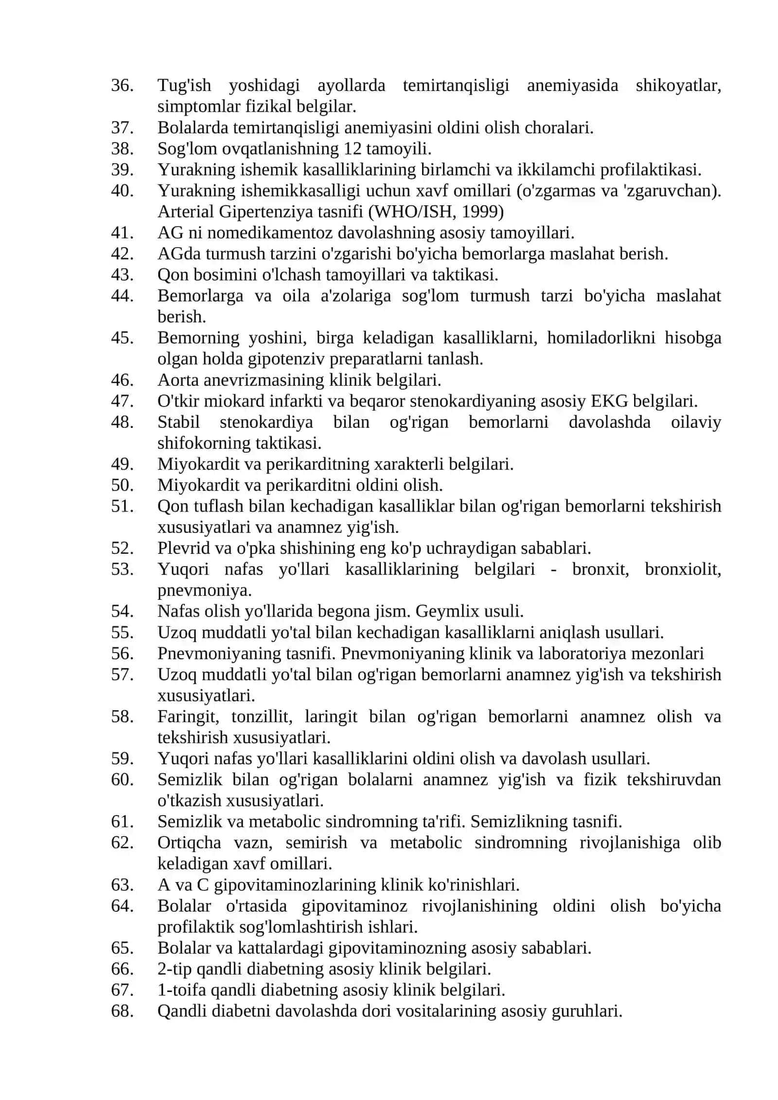 Oilaviy shifokorlik mutaxassisligi bo'yicha shakllantirilgan og'zaki savollar ro'yxati 2026 2