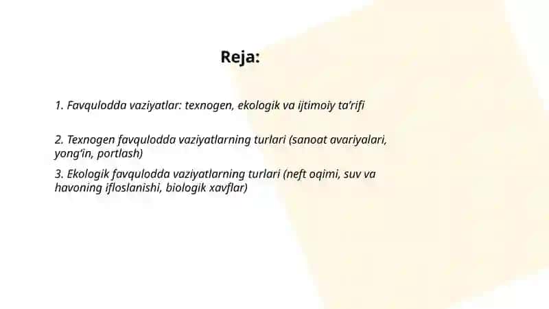 TEXNOGEN, EKOLOGIK VA IJTIMOIY TUSDAGI (TERRORIZM VA BOSHQALAR) FAVQULODDA VAZIYATLAR VA ULARNING QISQACHA TASNIFI 2