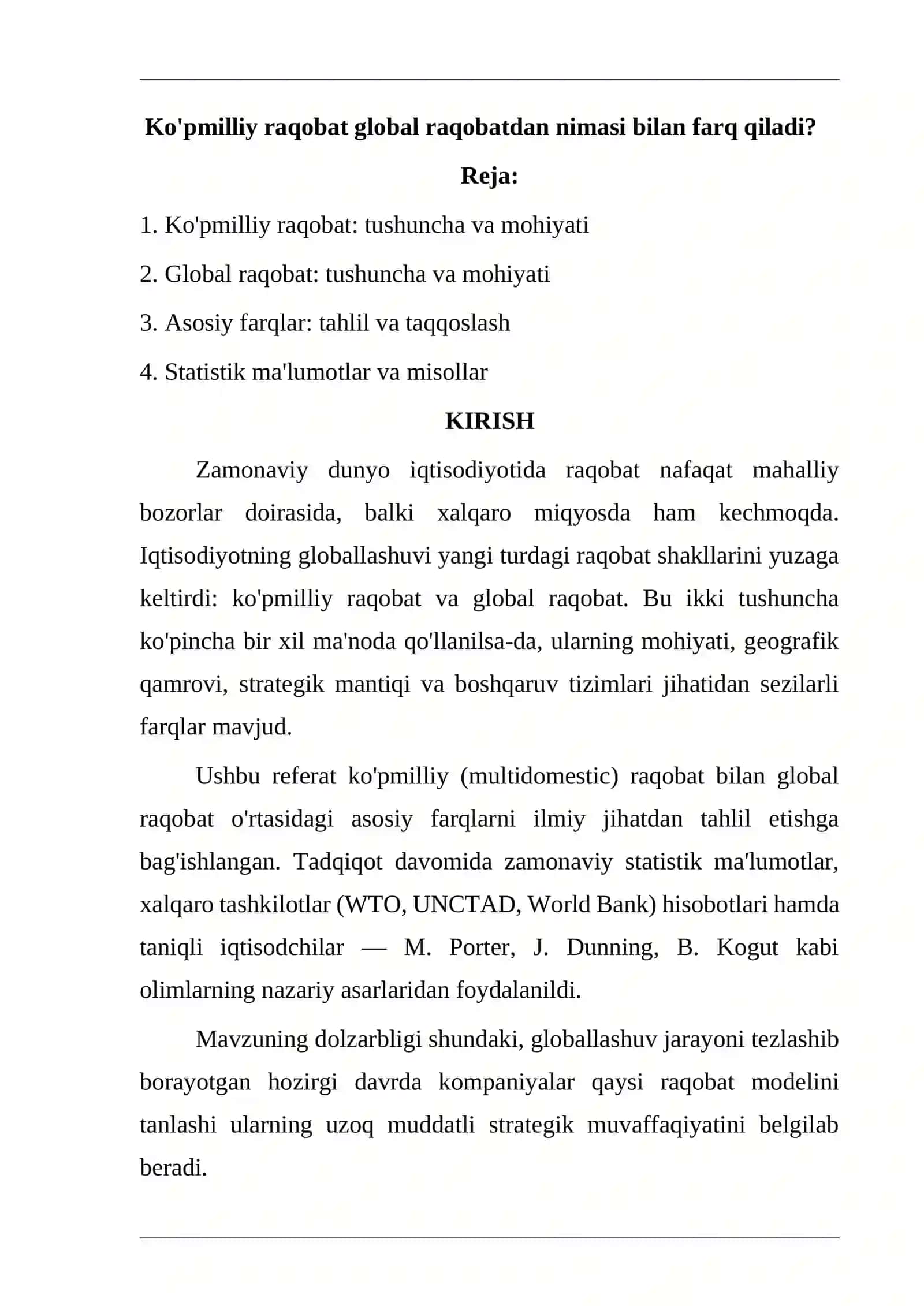 Ko'pmilliy raqobat global raqobatdan nimasi bilan farq qiladi? 2
