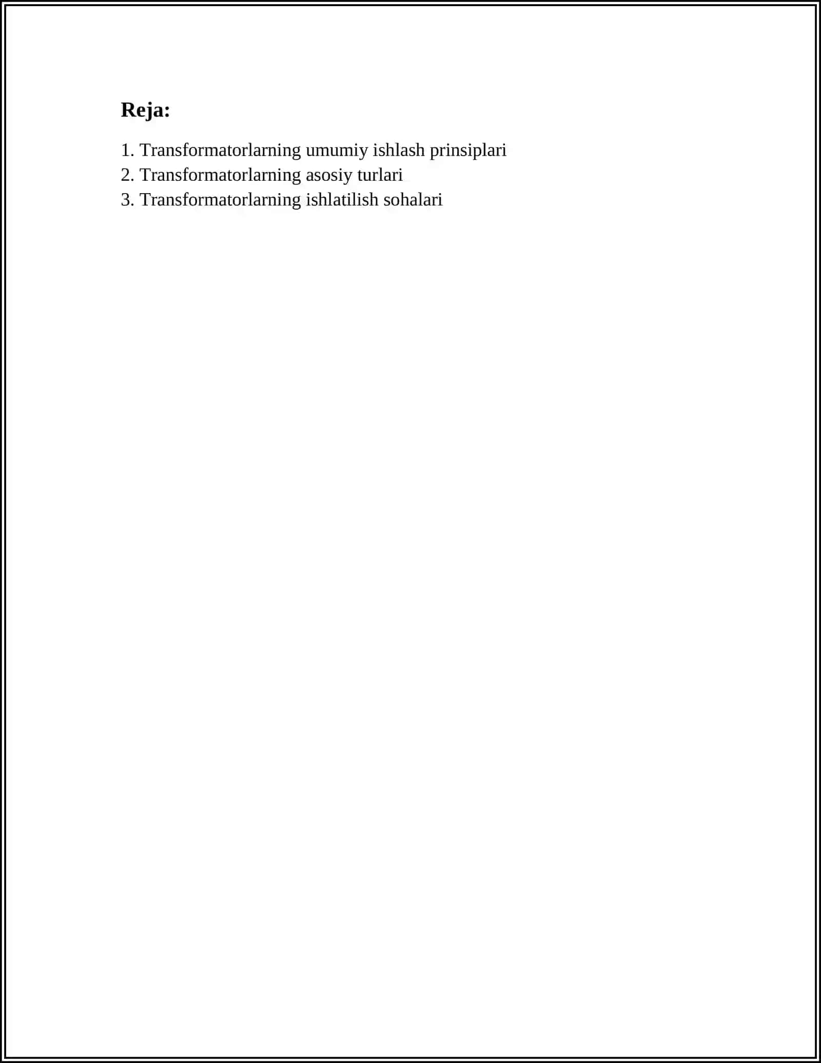 TRANSFORMATORLARGA OID UMUMIY MO'LUMOTLAR TRANSFORMATORLARNIG MAGNIT SISTEMALARI VA CHOLG'AMLARI 2