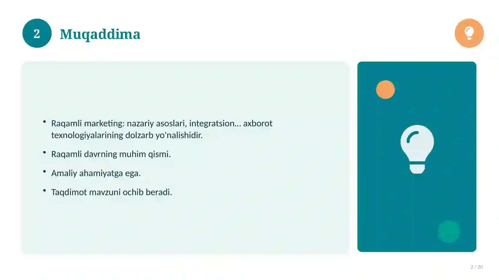 Raqamli marketing: nazariy asoslari, integratsion yondashuvda (Slayd-taqdimot) 2
