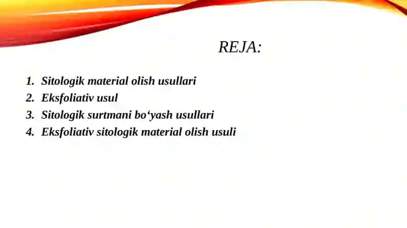 Sitologik tekshirish uchun materialni olish usullari:eksfoliativ, punktsion, endoskopik, biopsiyali. Sitologik surtma tayyorlash, bo'yash usullari. 2