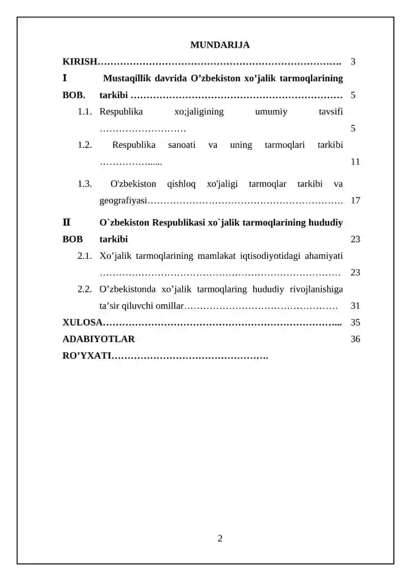Mustaqillik davrida O’zbekiston xo‘jaligining tarmoqlar va hududiy tarkibidagi o‘zgarishlar 2