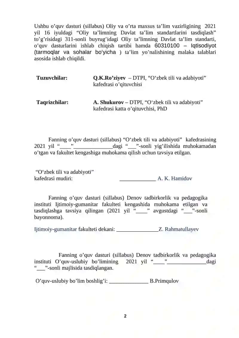 O‘ZBEK TILINING SOHADA QO‘LLANILISHI FANINING O‘QUV DASTURI (SILLABUS) 2
