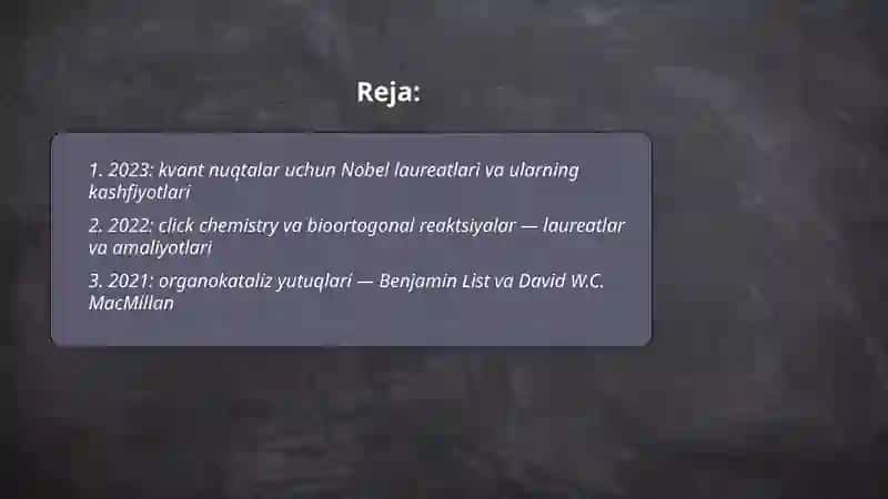 Kimyo sohasida nobel mukofoti sovrindorlari va yutuqlari 2