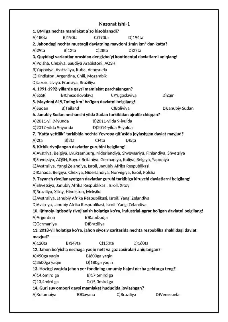 Geografiya fanidan 9-sinf nazorat ishi to`plami. 2-variant. 2