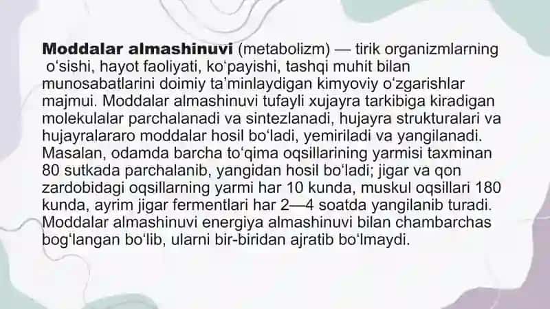 MODDALAR ALMASHINUVIGA KIRISH. OVQATLANISH        BIOKIMYOSI. METABOLIZM TOG'RISIDA TUSHUNCHA. 2