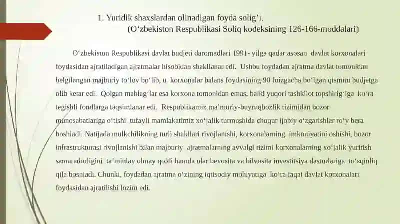 Yuridik va jismoniy shaxslar tomonidan to'lanadigan soliqlarning huquqiy tavsifi. 2