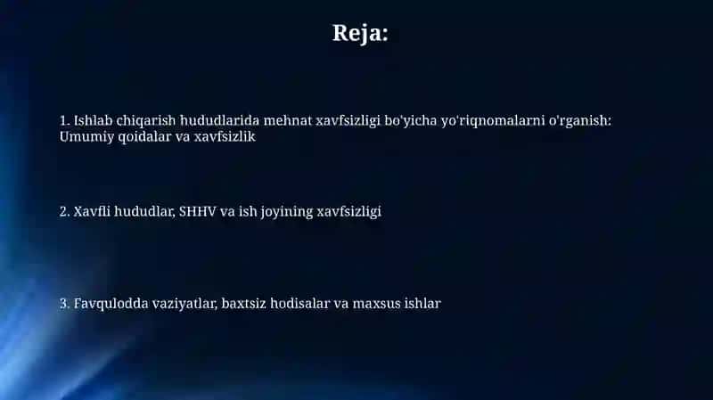 Ishlab chiqarish maydonlarida mehnat xavfsizligi yo'riqnomalari 2