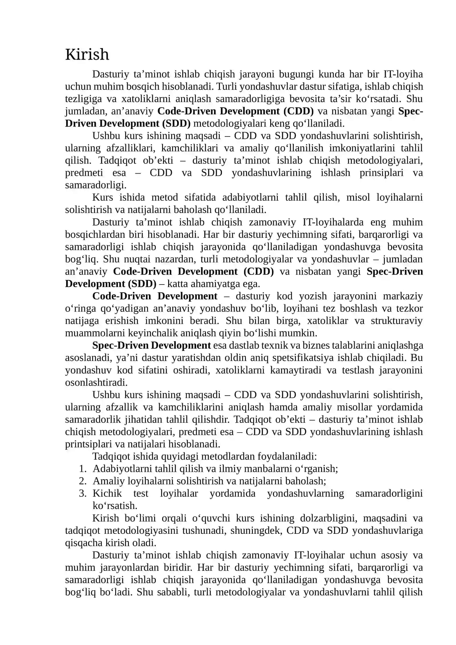 Spec-Driven Development va an'anaviy Code-Driven yondashuv taqqoslanishi 2