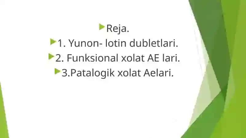 Yunon- lotin dubletlari va yakka AElar. To'qimalar, organlar, suyuqliklar,sekretlar, jins hamda yoshni ifodalovchi yunon-lotin dubletlari 2