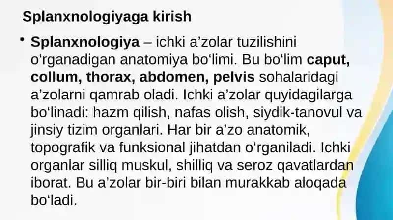 Splanxnologiyaga kirish. Og'iz bo'shlig'i va til anatomiyasi 2
