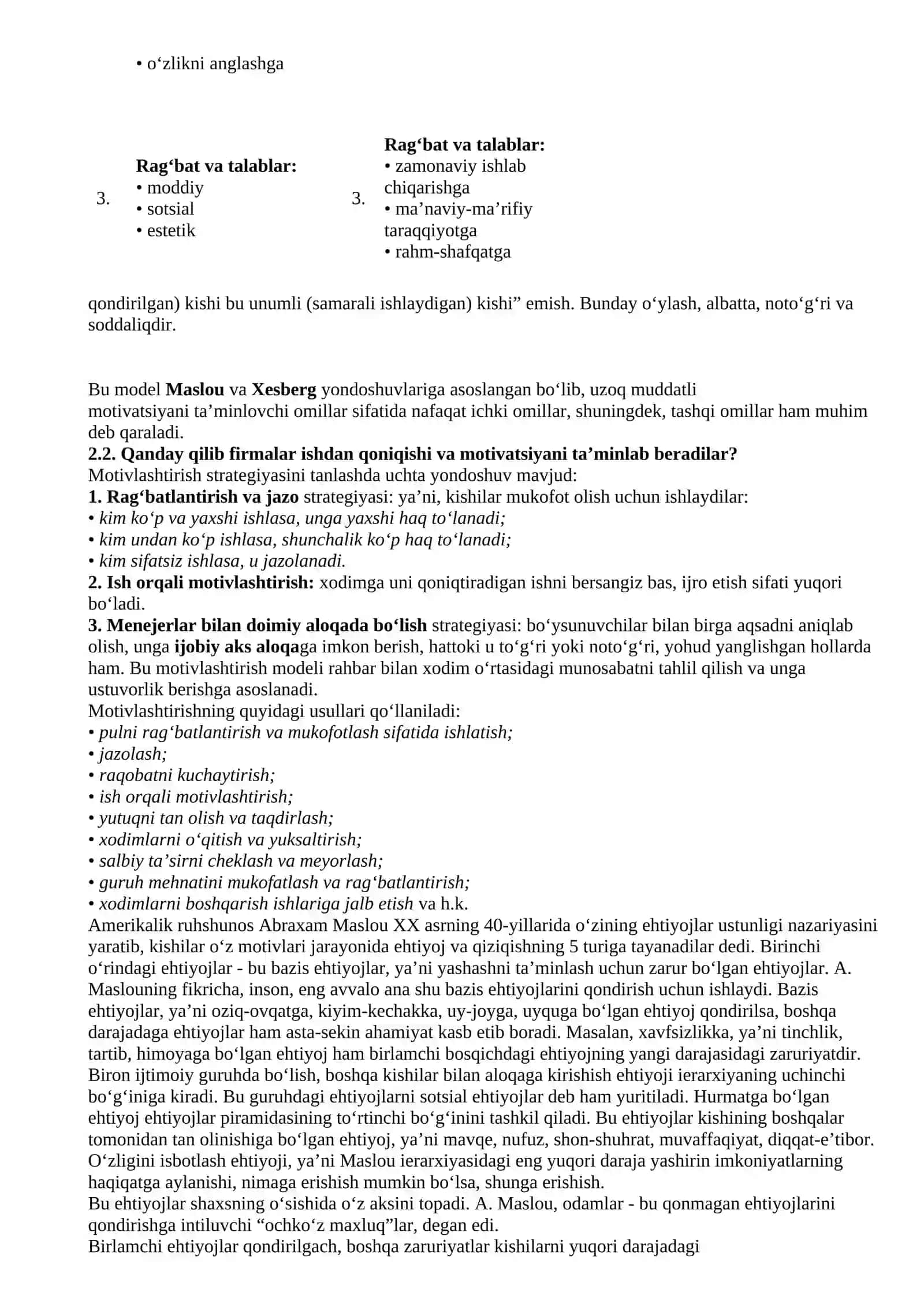Motivatsiya nazariyalari. Mustaqil ish 2