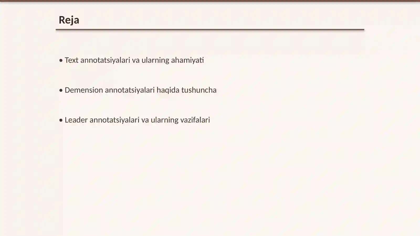 Annotatsiya elementlari text, demension, leader nima va qanday qo’llaniladi 2