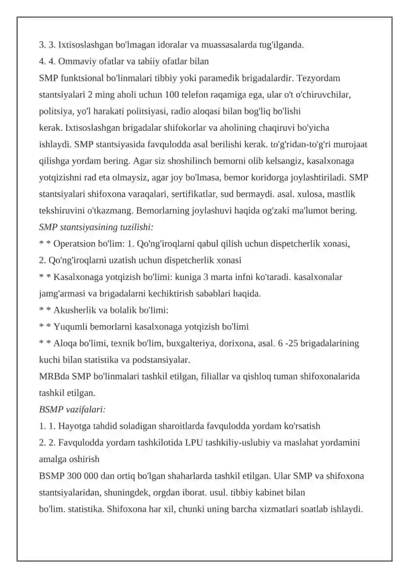 Shoshilinch Tibbiy Hizmat va Ixtisoslashtirilgan Markazlar Faoliyati 2